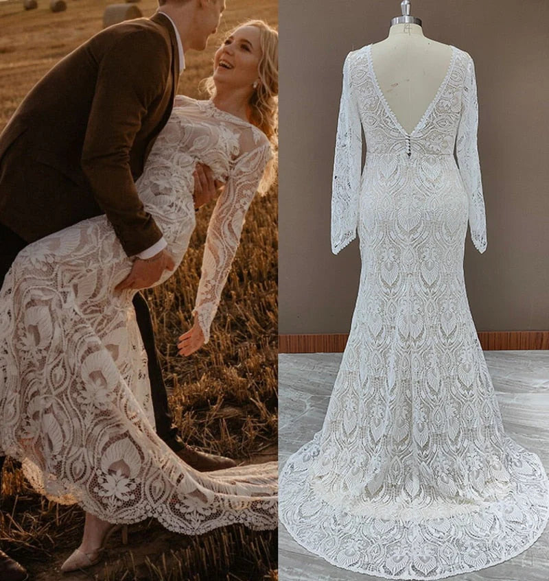 Lace Appliques Mermaid Long Sleeves Chapel Train Wedding Dress