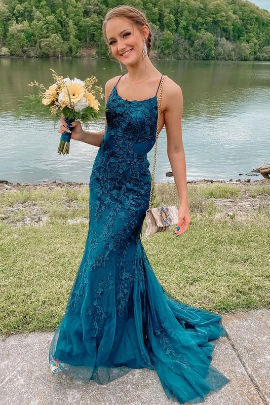Lace Evening Dress Mermaid Spaghetti Straps Backless Prom Dress With Appliques