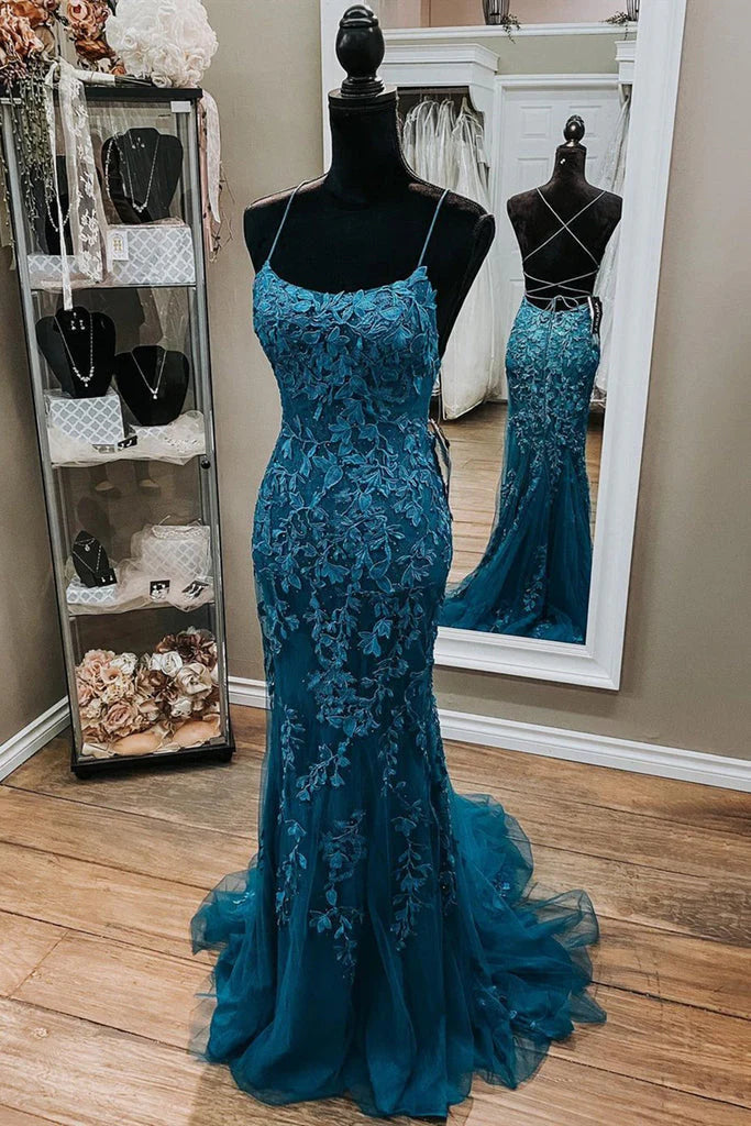 Lace Evening Dress Mermaid Spaghetti Straps Backless Prom Dress With Appliques