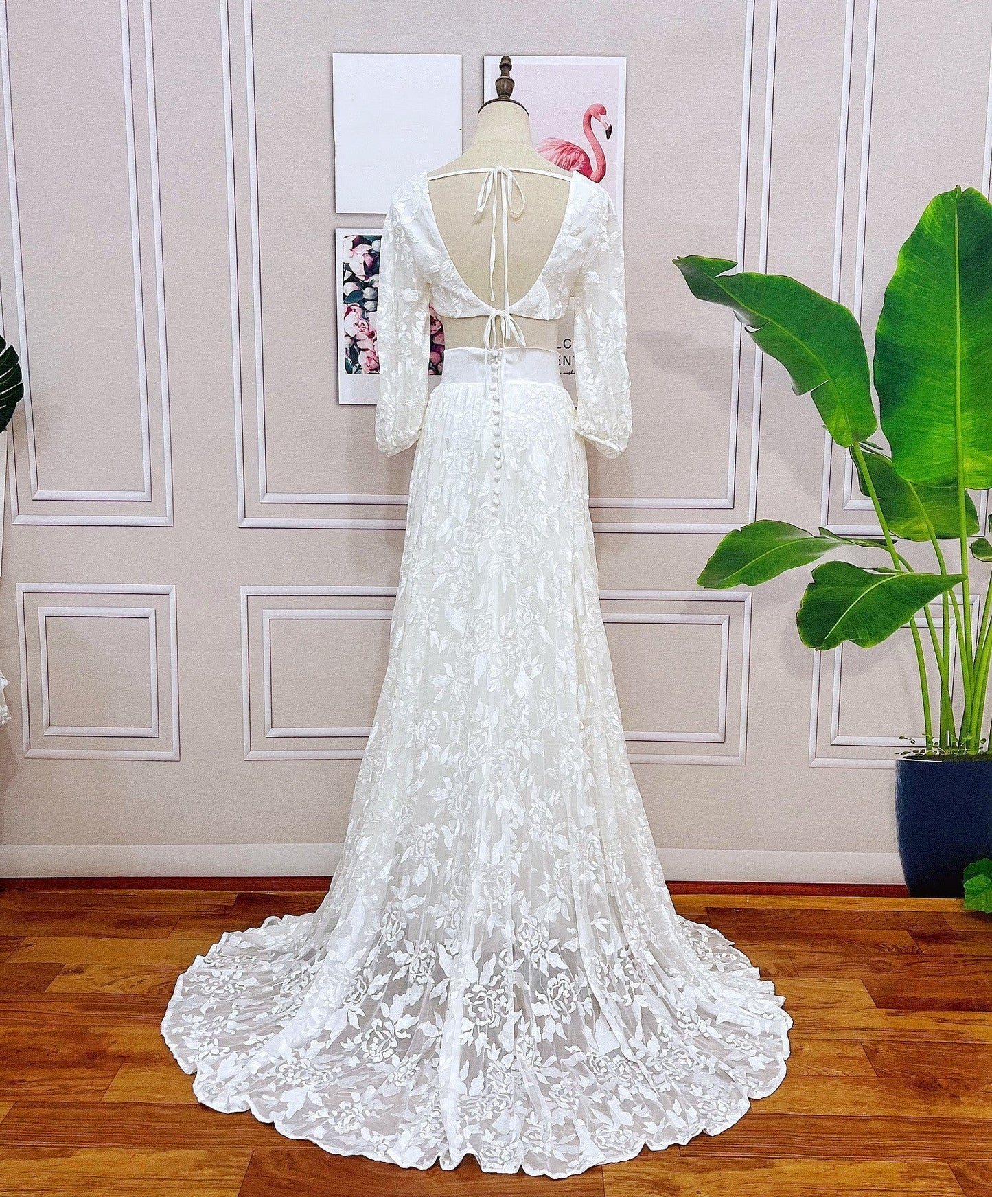 Lace Two Pieces Square Neck 3/4 Puffy Sleeve Beach Bohemian Wedding Dresses