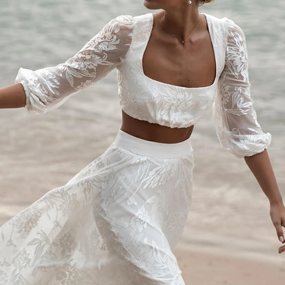 Lace Two Pieces Square Neck 3/4 Puffy Sleeve Beach Bohemian Wedding Dresses