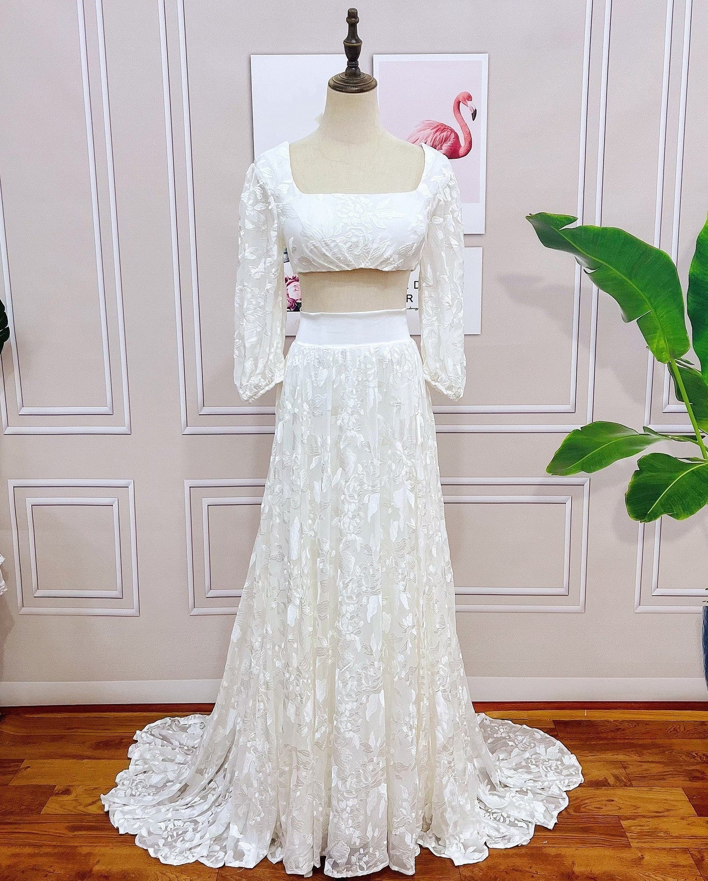 Lace Two Pieces Square Neck 3/4 Puffy Sleeve Beach Bohemian Wedding Dresses