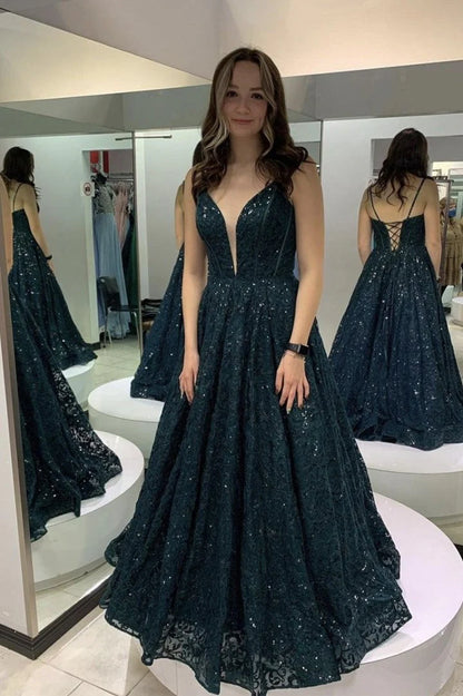 A-Line Tulle Lace With Sequin Long Prom Dresses