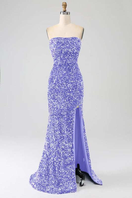 Amzcw Lavender Mermaid Strapless Sequins Long Prom Dress With Slit prom dresses shops