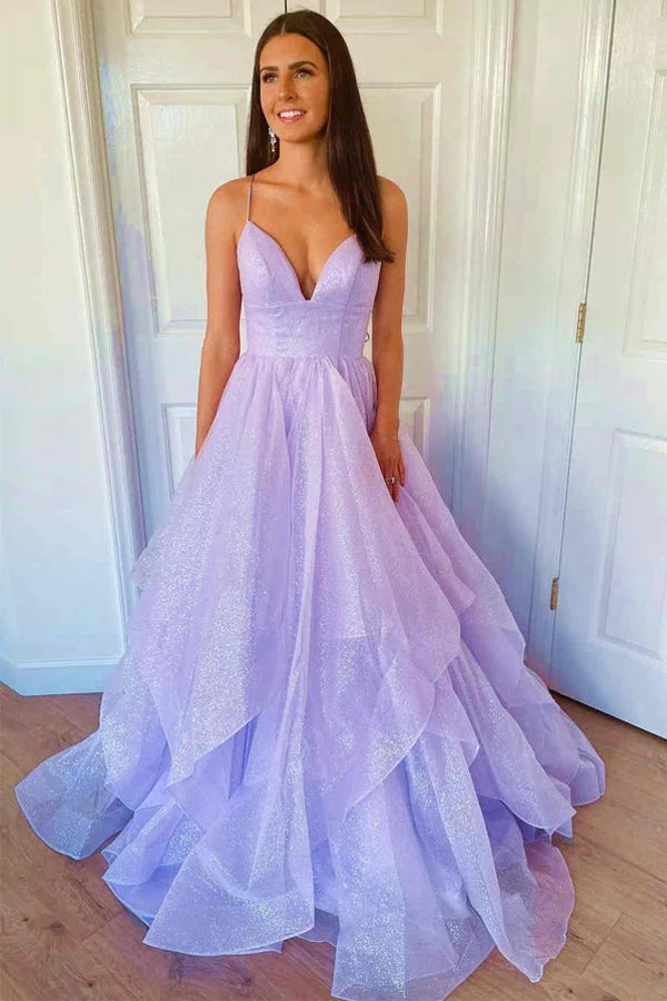 Lavender Floor Length V Neck Tulle Prom Dresses With Sequin A Line