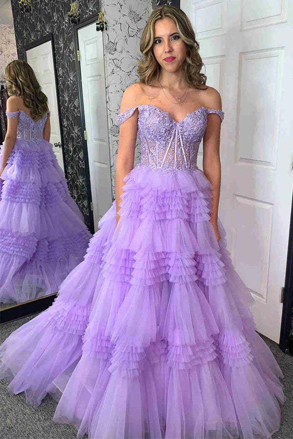 A Line Tulle Off-the-Shoulder Ruffle Tiered Long Prom Dress