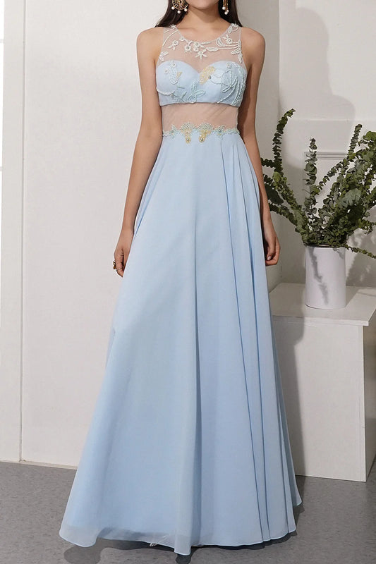 Blue A Line Chiffon Prom Dress With Appliques