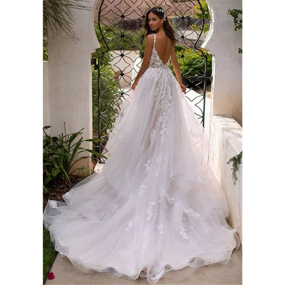 V Neck Spaghetti Straps Backless Wedding Dress With Appliques