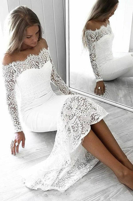 Long Sleeve Lace Appliques Sheath White Prom Dresses Off the Shoulder