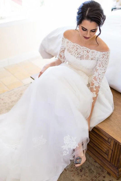 Long Sleeve Off the Shoulder Tulle Wedding Dresses A line Lace Elegant Wedding Gowns