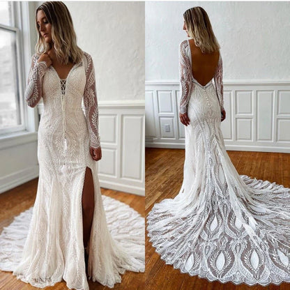 V Neck Lace Applique Wedding Dresses Vintage Mermaid Slit Wedding Dresses