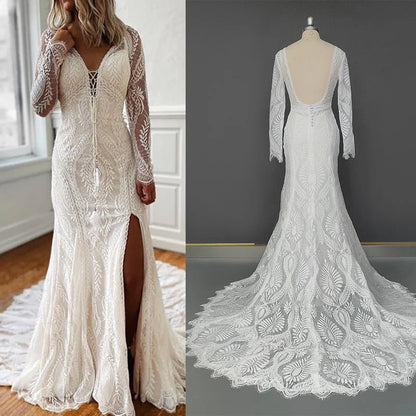 V Neck Lace Applique Wedding Dresses Vintage Mermaid Slit Wedding Dresses