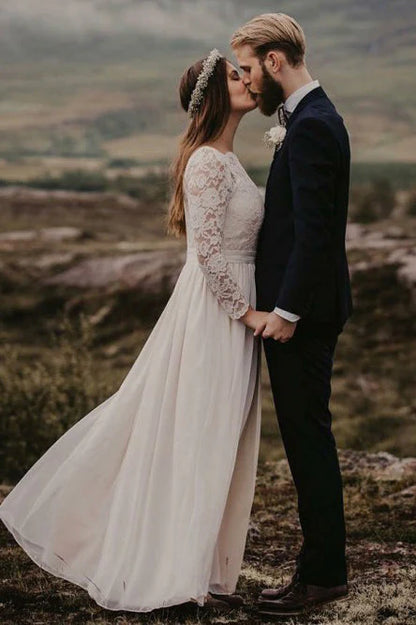 A-Line/Princess Bateau Appliques Floor-Length Chiffon Wedding Dress
