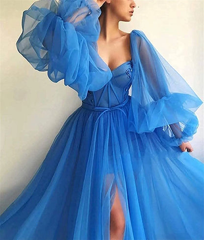 Long Sleeves A Line Tulle Floor-Length Prom Dresses With Slit