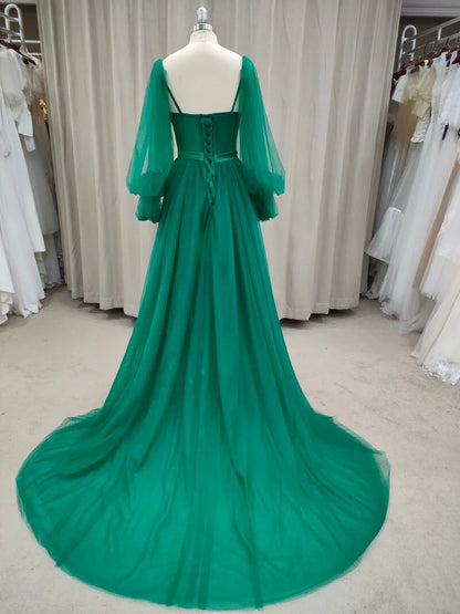 Long Sleeves A Line Tulle Floor-Length Prom Dresses With Slit