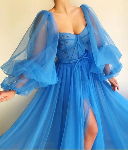 Long Sleeves A Line Tulle Floor-Length Prom Dresses With Slit