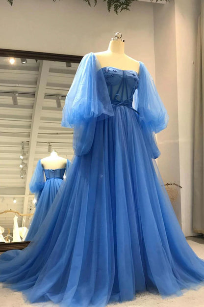 Long Sleeves A Line Tulle Floor-Length Prom Dresses With Slit