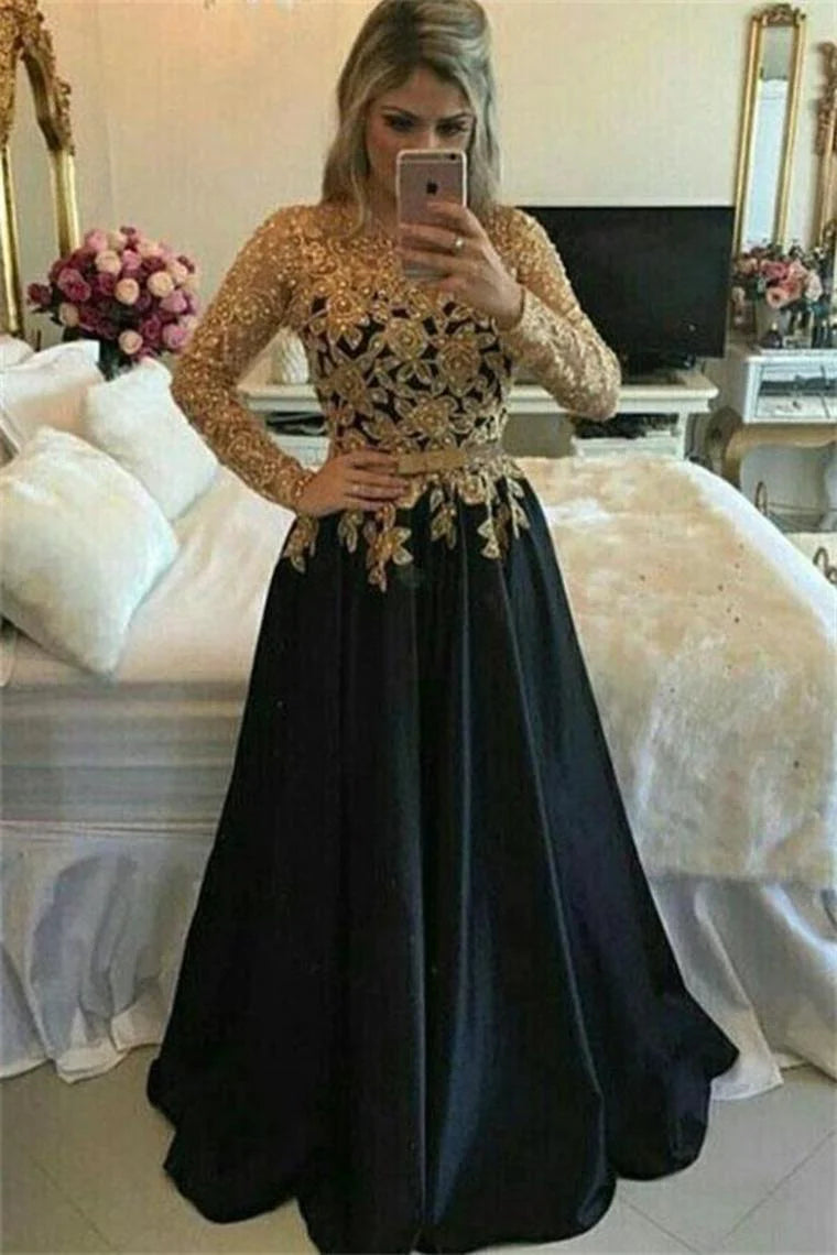 Long Sleeves Lace Up Gold And Black Prom Dresses Mother Of The Bride Dresses