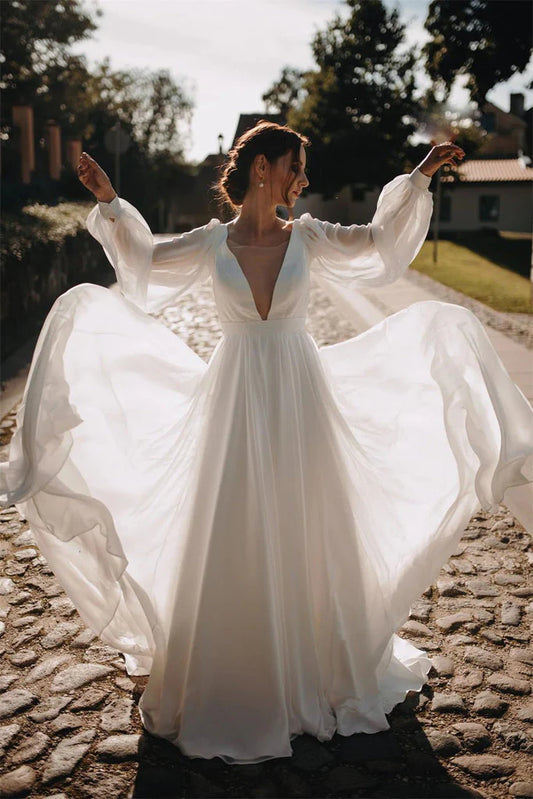 Long Sleeves Wedding Dresses A Line Chiffon With Puff Sleeves