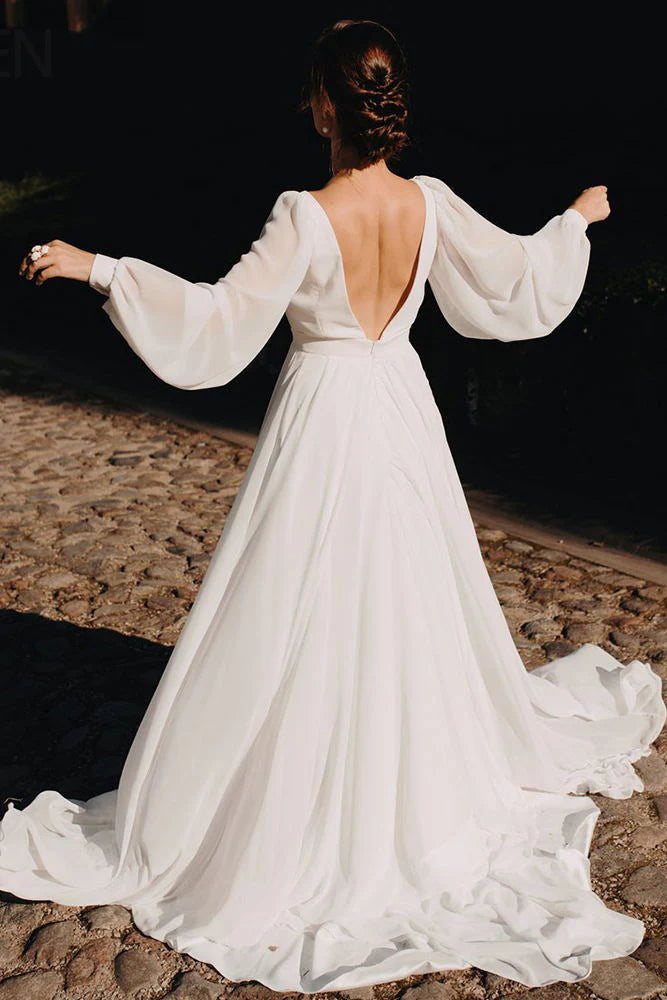 Long Sleeves Wedding Dresses A Line Chiffon With Puff Sleeves