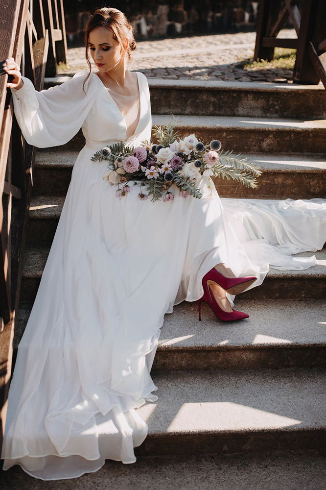 Long Sleeves Wedding Dresses A Line Chiffon With Puff Sleeves