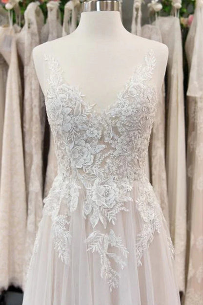 Lovely Lace Appliques Sleeveless Long Chiffon Beach Wedding Dresses