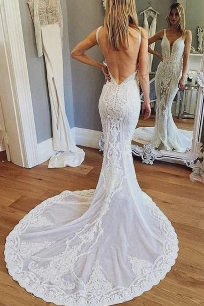 Luxurious Mermaid Lace Ivory V Neck Wedding Dresses