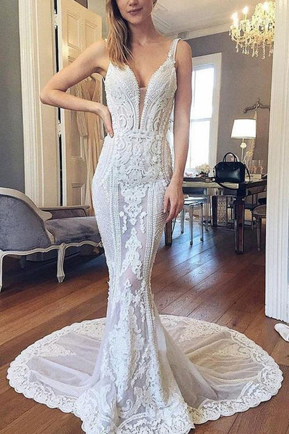 Luxurious Mermaid Lace Ivory V Neck Wedding Dresses