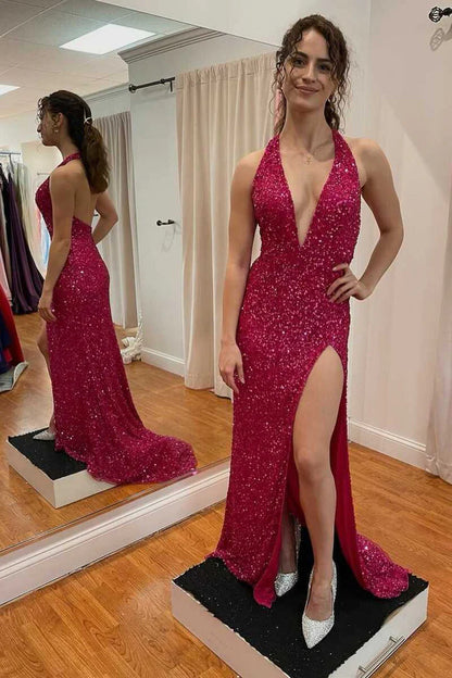 Mermaid Long Sexy Backless Sequin V-Neck Sleeveless Prom Dresses