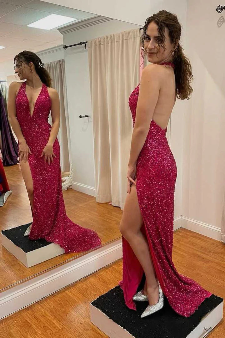 Mermaid Long Sexy Backless Sequin V-Neck Sleeveless Prom Dresses