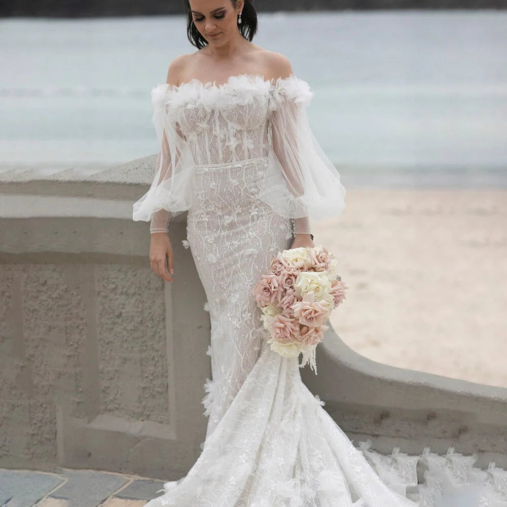 Luxury Mermaid Off Shoulder Sequin 3D Flowers Long Puff Sleeve Wedding Dresses