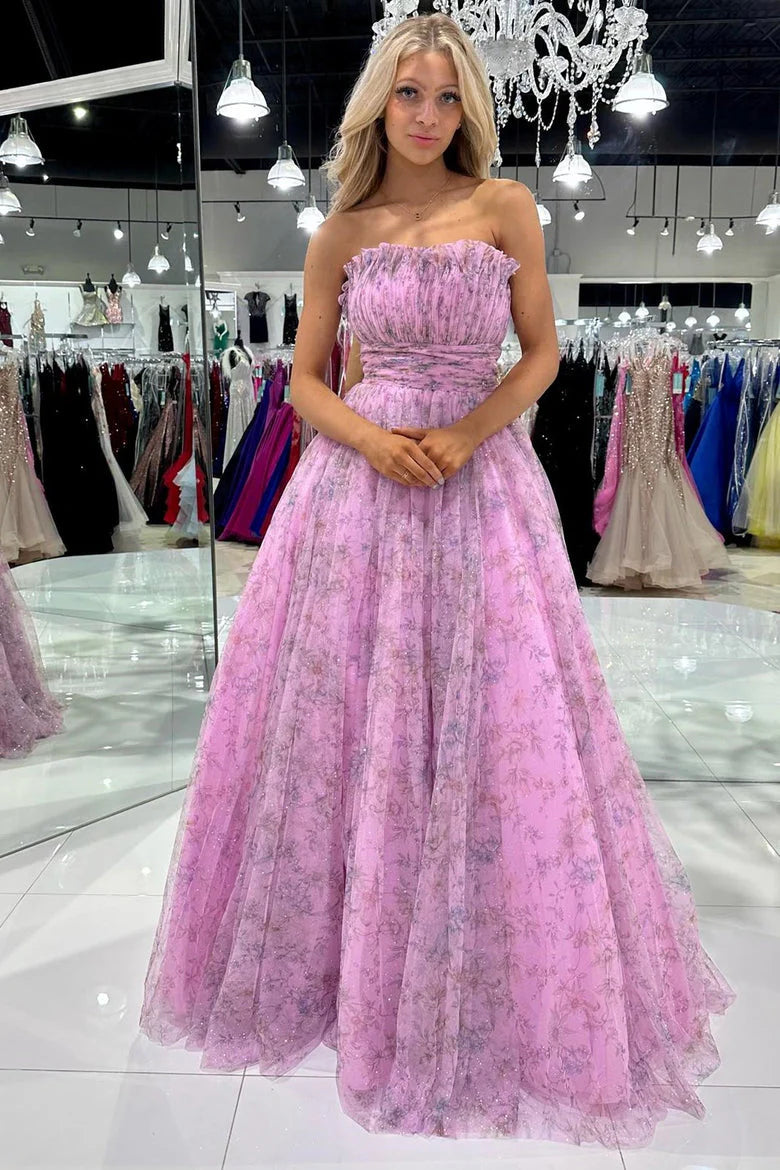 Simple Strapless Long Prom Dresses Floral Strapless Evening Dresses