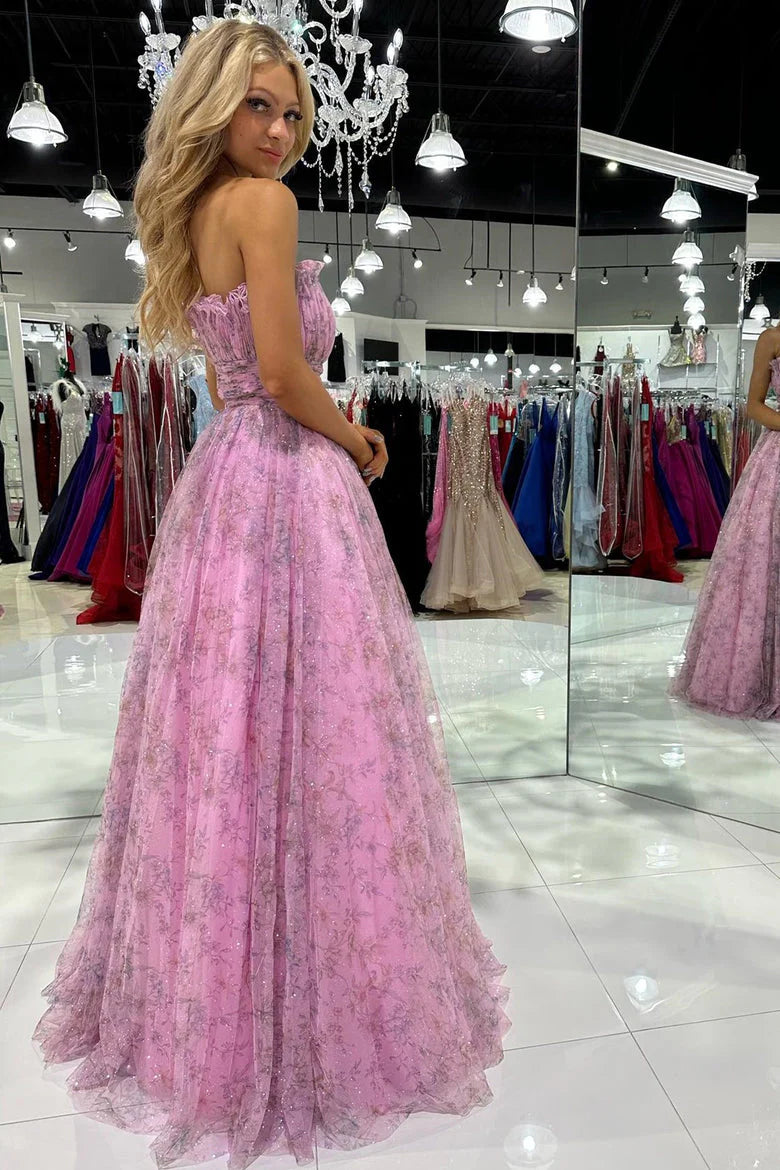 Simple Strapless Long Prom Dresses Floral Strapless Evening Dresses