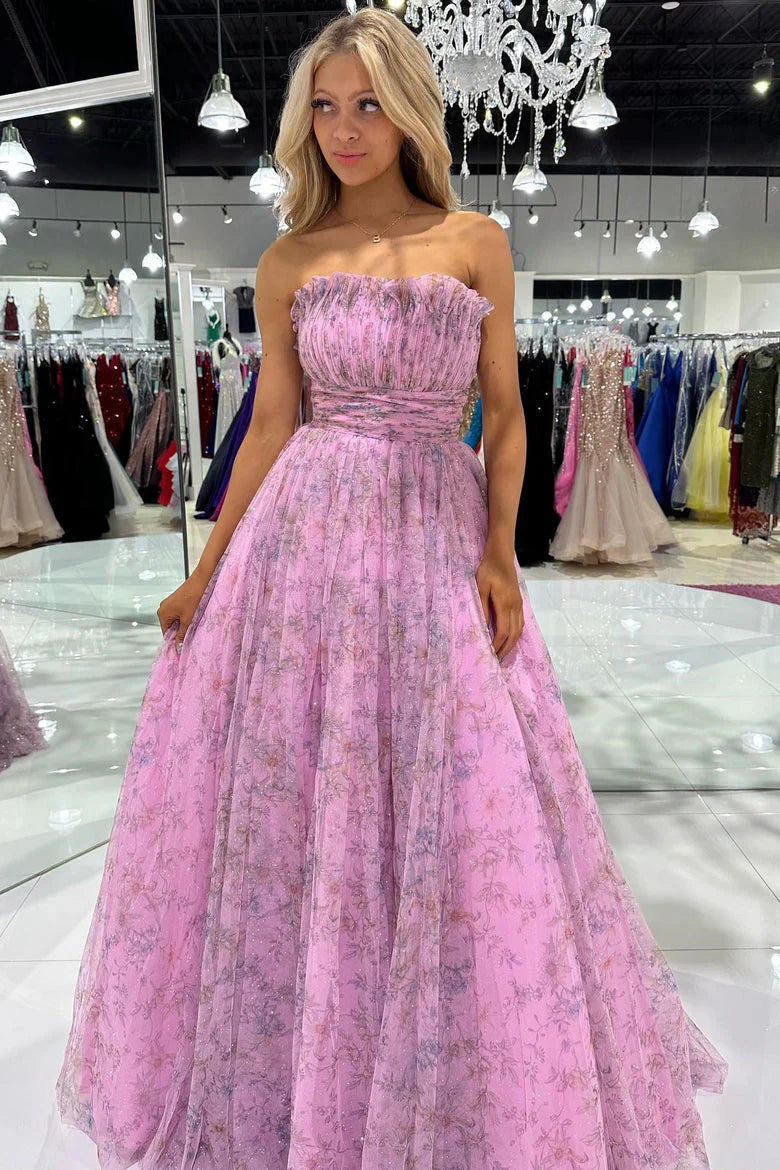 Simple Strapless Long Prom Dresses Floral Strapless Evening Dresses