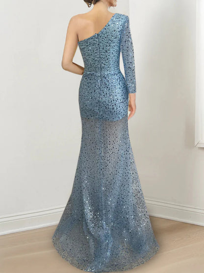 Sheath/Column One-Shoulder Floor-Length Long Prom Dresses With Sequins