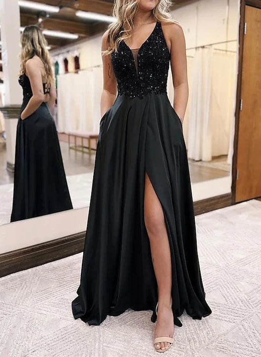 A-Line/Princess V-Neck Floor-Length Prom Dresses