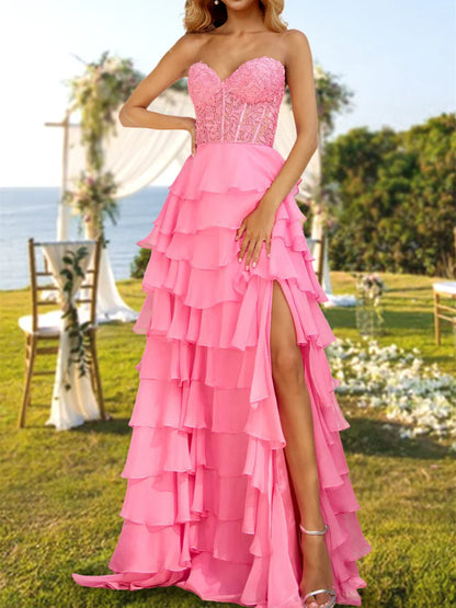 A-Line/Princess Strapless Long Prom Evening Party Dresses With Sequins & Split Side