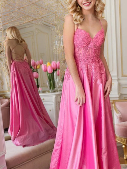 A-Line/Princess Spaghetti Straps Floor-Length Prom Dresses