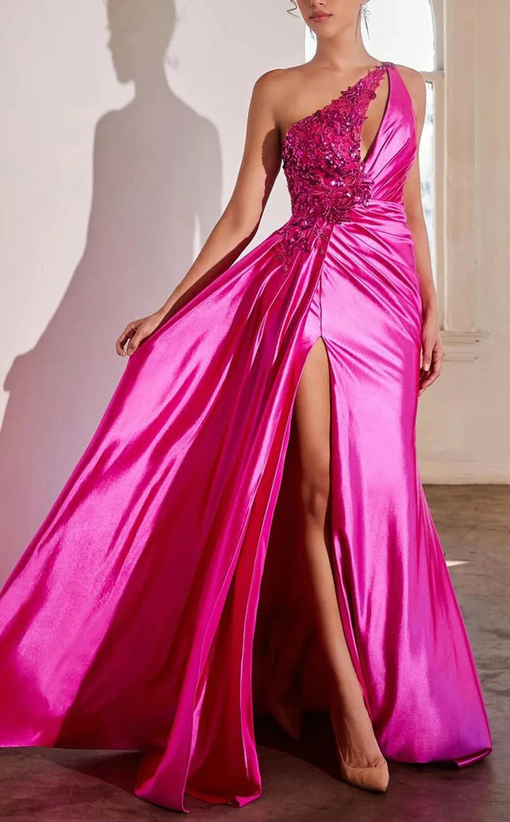 Sheath/Column One-Shoulder Floor-Length Prom Floral Dresses With Split Side