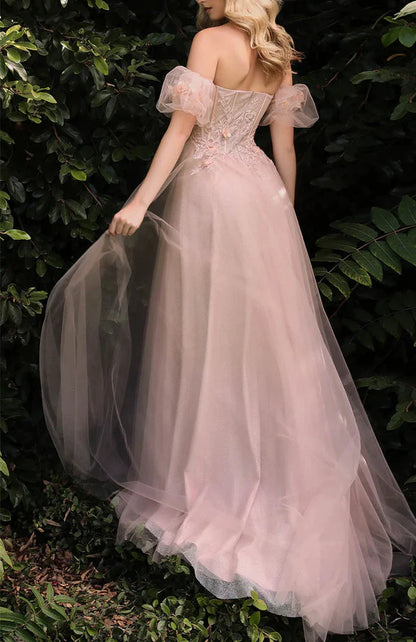 A-Line/Princess Sweetheart Short Sleeves Floor-Length Long Floral Prom Dresses With Split Side