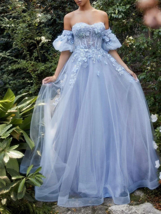 A-Line/Princess Sweetheart Short Sleeves Floor-Length Long Prom Dresses With Flowers