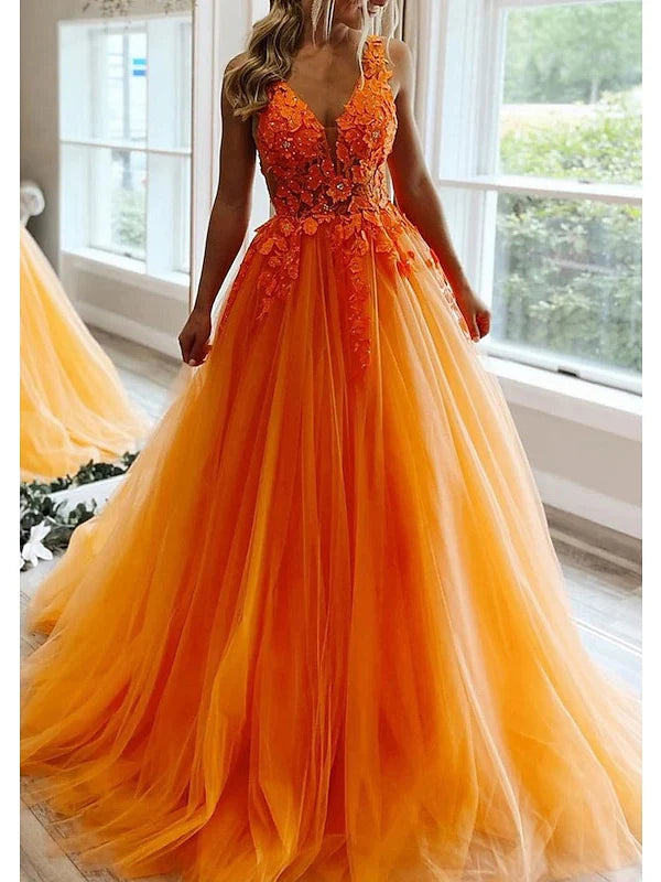 A-Line/Princess V Neck Floor-Length Prom Dresses With With Pleats Beading