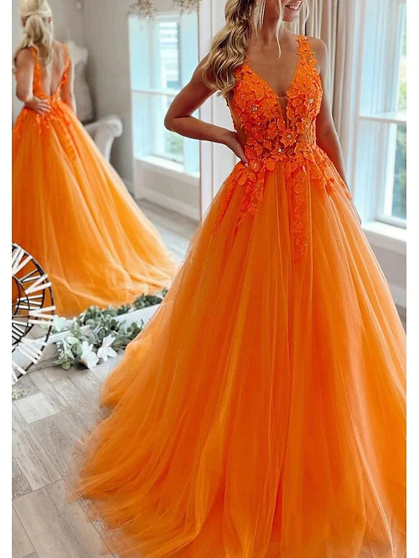 A-Line/Princess V Neck Floor-Length Prom Dresses With With Pleats Beading