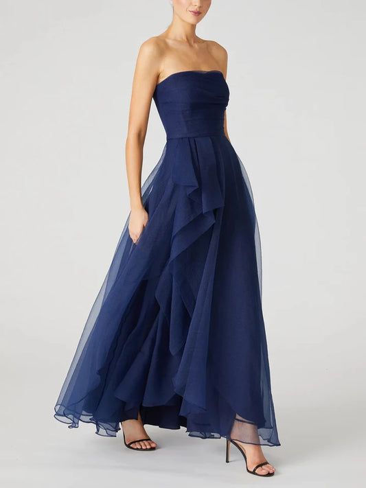 A-Line/Princess Strapless Sleeveless Ankle-Length Evening Dress With Ruffles