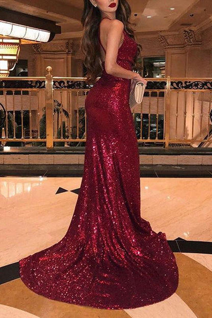 Mermaid Burgundy Side Slit V Neck Spaghetti Straps Prom Dresses Formal Dresses