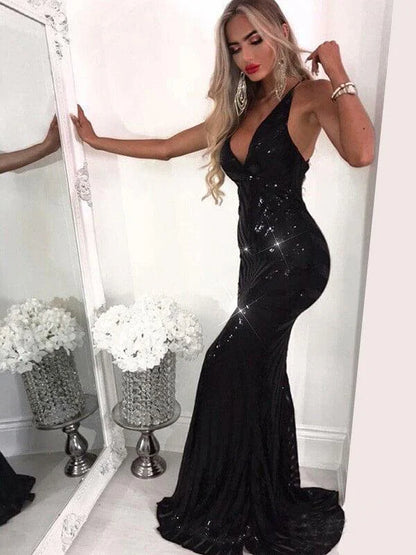 Mermaid Criss Cross Deep V Neck Gold Prom Dresses Sequins Long Prom Dresses