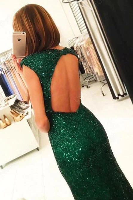 Mermaid Dark Green Open Back Long Cap Sleeves Split-Front Prom Dresses with Sequins