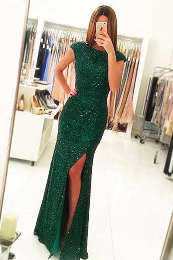 Mermaid Dark Green Open Back Long Cap Sleeves Split-Front Prom Dresses with Sequins