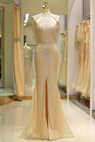 Mermaid High Neck Floor Length Split Gold Prom Dresses with Sequins Beading