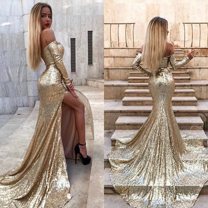 Mermaid Long Split Prom Dress Gold Sequined Evening Dress With Sleeves